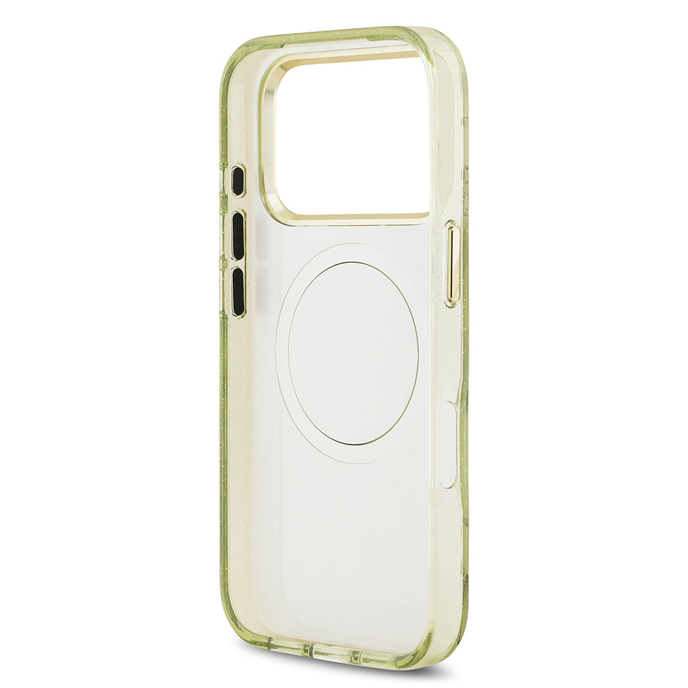 iPhone 17 Pro Max Kılıf Guess Orjinal Lisanslı M-safe Şarj Özellikli Simli Çiçek Desenli Metal Kamera Çerçeveli Üçgen Logolu Kapak