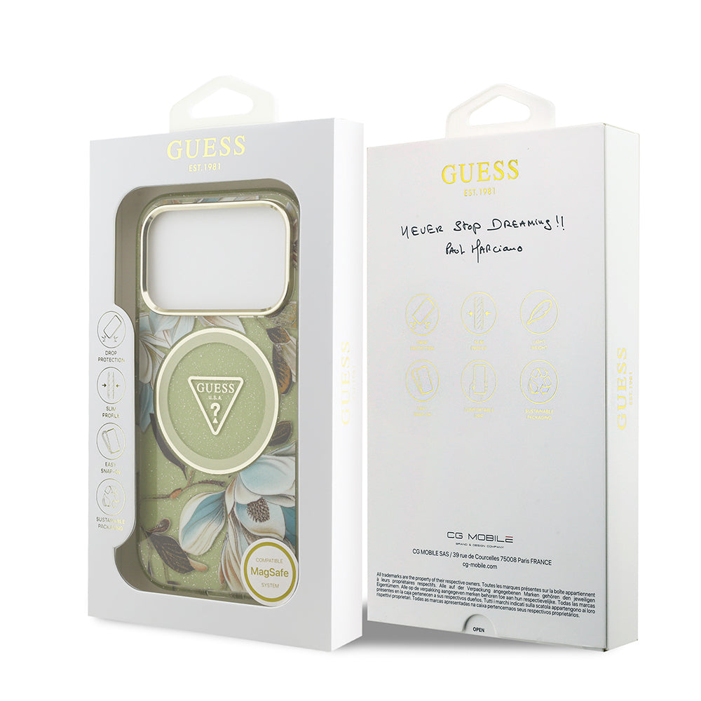 iPhone 17 Pro Max Kılıf Guess Orjinal Lisanslı M-safe Şarj Özellikli Simli Çiçek Desenli Metal Kamera Çerçeveli Üçgen Logolu Kapak