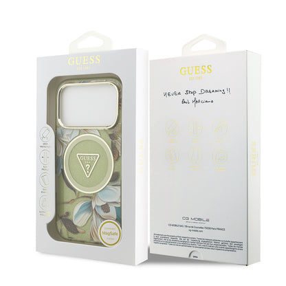 iPhone 17 Pro Max Kılıf Guess Orjinal Lisanslı M-safe Şarj Özellikli Simli Çiçek Desenli Metal Kamera Çerçeveli Üçgen Logolu Kapak