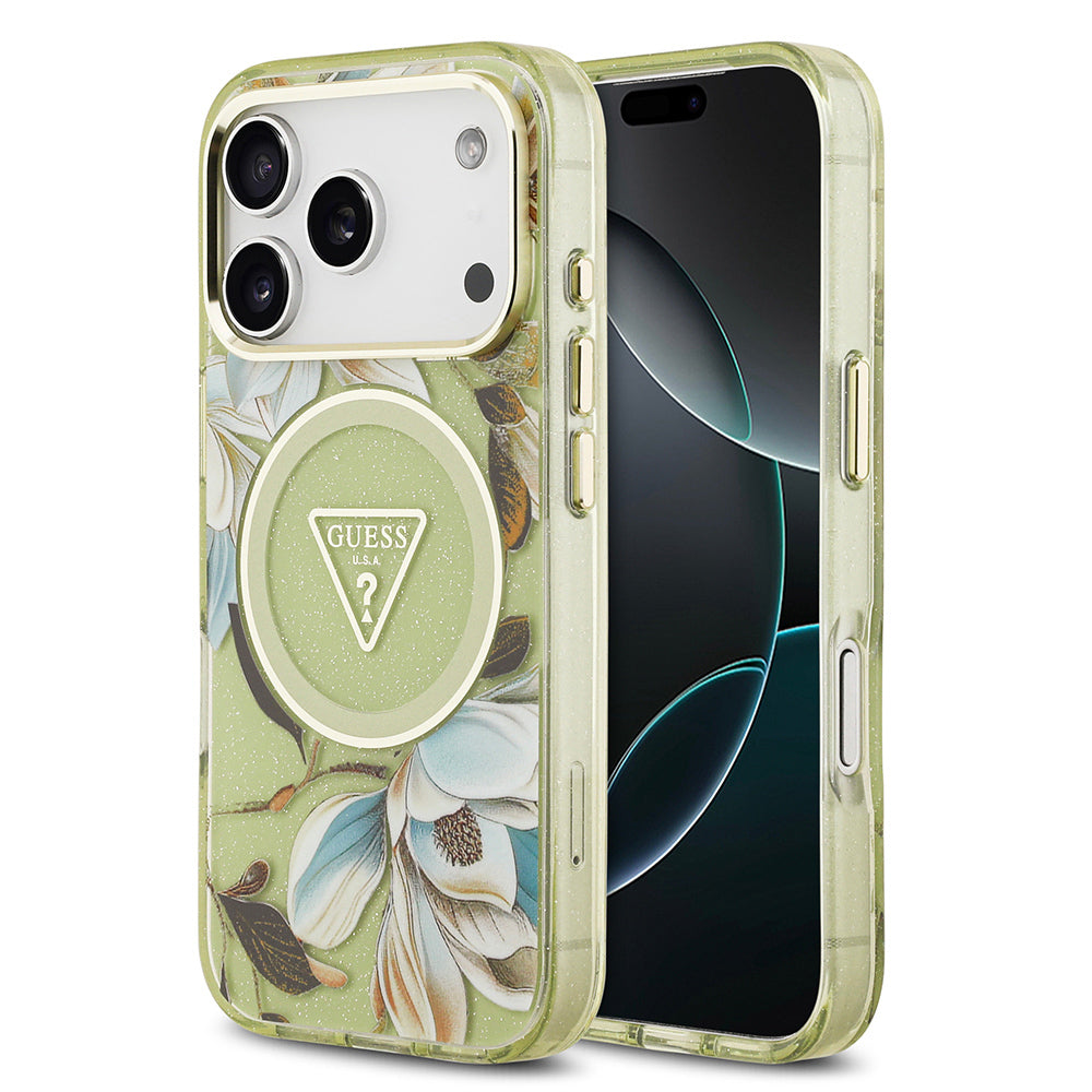 iPhone 17 Pro Max Kılıf Guess Orjinal Lisanslı M-safe Şarj Özellikli Simli Çiçek Desenli Metal Kamera Çerçeveli Üçgen Logolu Kapak
