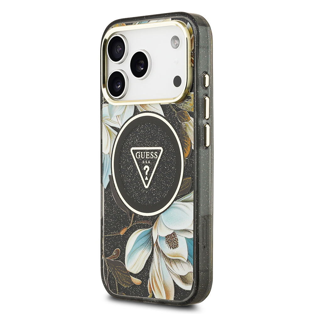iPhone 17 Pro Max Kılıf Guess Orjinal Lisanslı M-safe Şarj Özellikli Simli Çiçek Desenli Metal Kamera Çerçeveli Üçgen Logolu Kapak