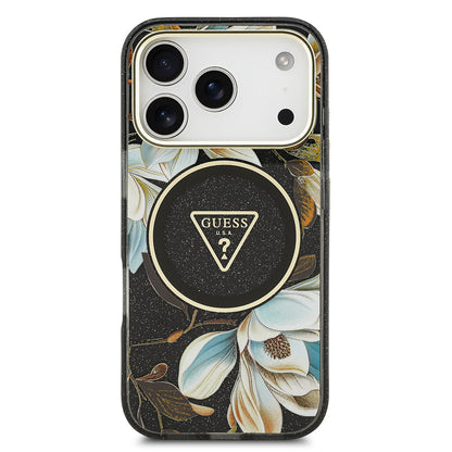iPhone 17 Pro Max Kılıf Guess Orjinal Lisanslı M-safe Şarj Özellikli Simli Çiçek Desenli Metal Kamera Çerçeveli Üçgen Logolu Kapak
