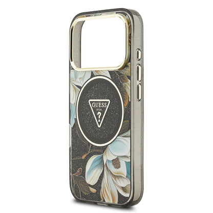 iPhone 17 Pro Max Kılıf Guess Orjinal Lisanslı M-safe Şarj Özellikli Simli Çiçek Desenli Metal Kamera Çerçeveli Üçgen Logolu Kapak