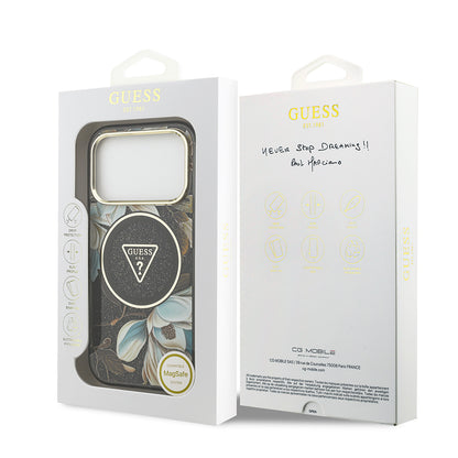iPhone 17 Pro Max Kılıf Guess Orjinal Lisanslı M-safe Şarj Özellikli Simli Çiçek Desenli Metal Kamera Çerçeveli Üçgen Logolu Kapak