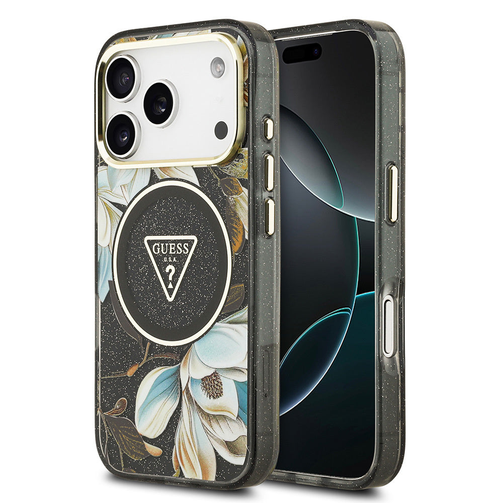iPhone 17 Pro Max Kılıf Guess Orjinal Lisanslı M-safe Şarj Özellikli Simli Çiçek Desenli Metal Kamera Çerçeveli Üçgen Logolu Kapak