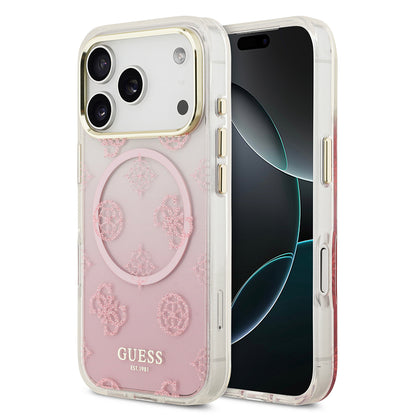 iPhone 17 Pro Max Kılıf Guess Orjinal Lisanslı M-safe Şarj Özellikli Simli Peony Desenli Silikon Kapak