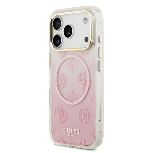 iPhone 17 Pro Max Kılıf Guess Orjinal Lisanslı M-safe Şarj Özellikli Simli Peony Desenli Silikon Kapak