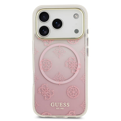 iPhone 17 Pro Max Kılıf Guess Orjinal Lisanslı M-safe Şarj Özellikli Simli Peony Desenli Silikon Kapak
