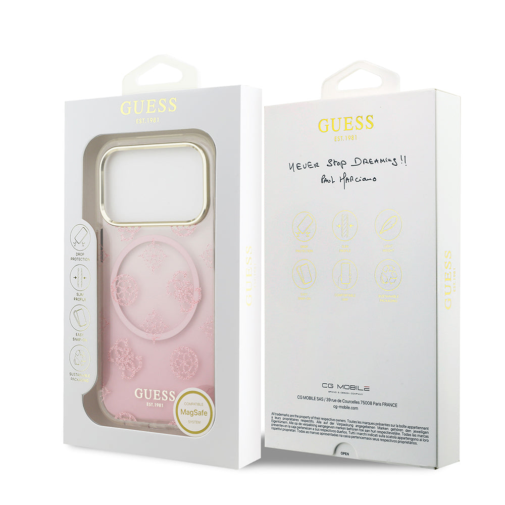 iPhone 17 Pro Max Kılıf Guess Orjinal Lisanslı M-safe Şarj Özellikli Simli Peony Desenli Silikon Kapak