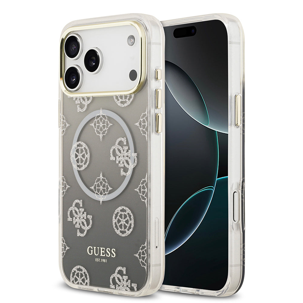 iPhone 17 Pro Max Kılıf Guess Orjinal Lisanslı M-safe Şarj Özellikli Simli Peony Desenli Silikon Kapak