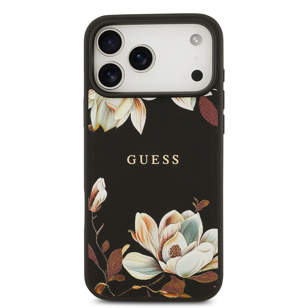 iPhone 17 Pro Max Kılıf Guess Orjinal Lisanslı M-safe Şarj Özellikli Taneli Çiçek Tasarımlı Metal Yazı Logolu Kapak