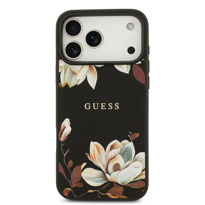 iPhone 17 Pro Max Kılıf Guess Orjinal Lisanslı M-safe Şarj Özellikli Taneli Çiçek Tasarımlı Metal Yazı Logolu Kapak