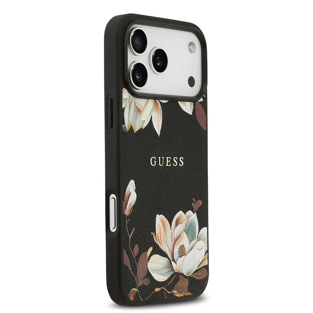 iPhone 17 Pro Max Kılıf Guess Orjinal Lisanslı M-safe Şarj Özellikli Taneli Çiçek Tasarımlı Metal Yazı Logolu Kapak
