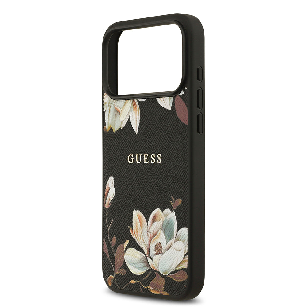 iPhone 17 Pro Max Kılıf Guess Orjinal Lisanslı M-safe Şarj Özellikli Taneli Çiçek Tasarımlı Metal Yazı Logolu Kapak