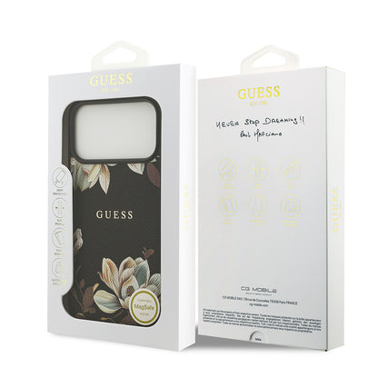 iPhone 17 Pro Max Kılıf Guess Orjinal Lisanslı M-safe Şarj Özellikli Taneli Çiçek Tasarımlı Metal Yazı Logolu Kapak
