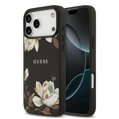 iPhone 17 Pro Max Kılıf Guess Orjinal Lisanslı M-safe Şarj Özellikli Taneli Çiçek Tasarımlı Metal Yazı Logolu Kapak