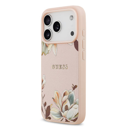 iPhone 17 Pro Max Kılıf Guess Orjinal Lisanslı M-safe Şarj Özellikli Taneli Çiçek Tasarımlı Metal Yazı Logolu Kapak