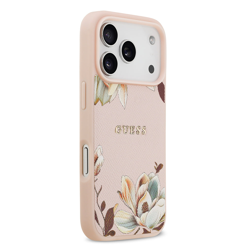 iPhone 17 Pro Max Kılıf Guess Orjinal Lisanslı M-safe Şarj Özellikli Taneli Çiçek Tasarımlı Metal Yazı Logolu Kapak
