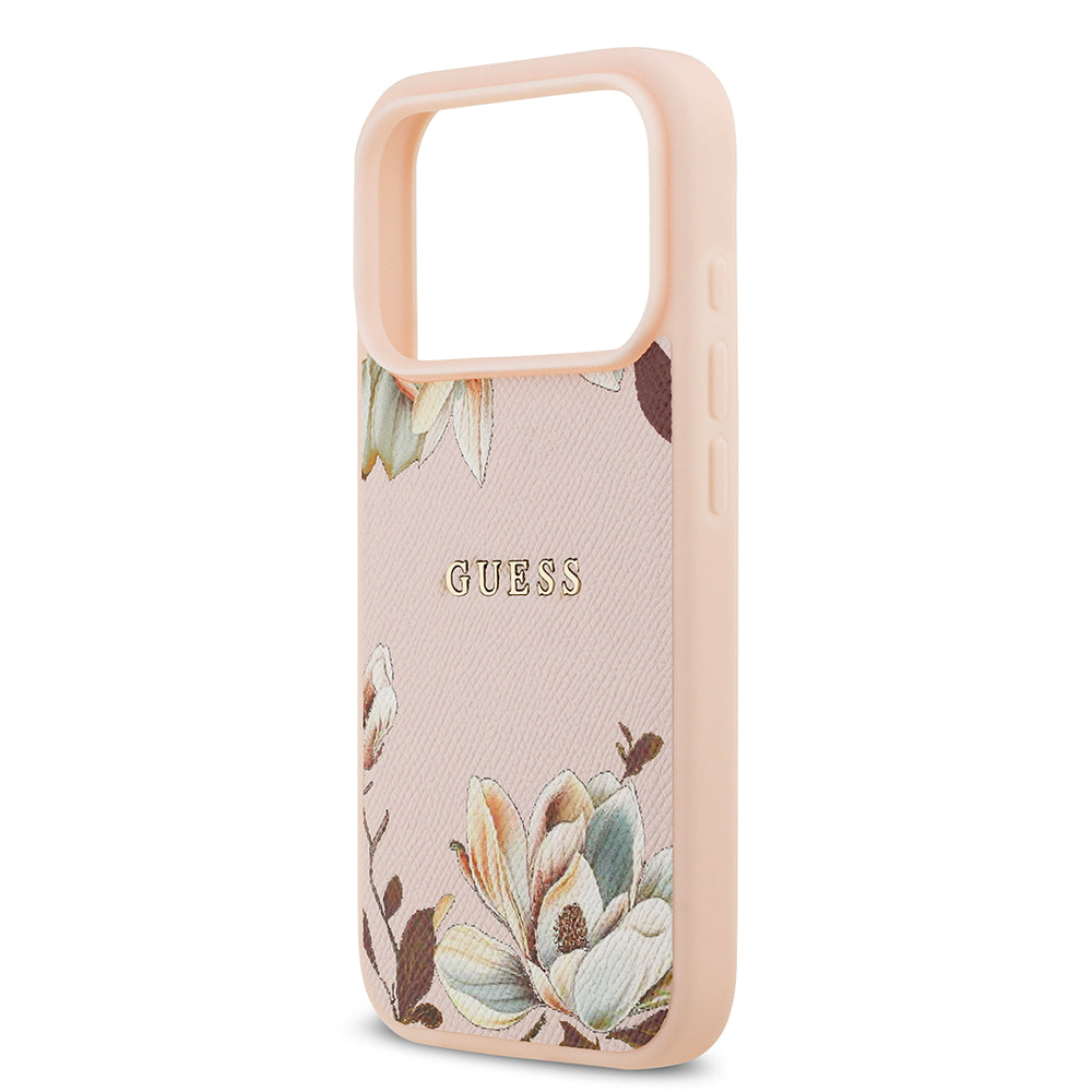 iPhone 17 Pro Max Kılıf Guess Orjinal Lisanslı M-safe Şarj Özellikli Taneli Çiçek Tasarımlı Metal Yazı Logolu Kapak