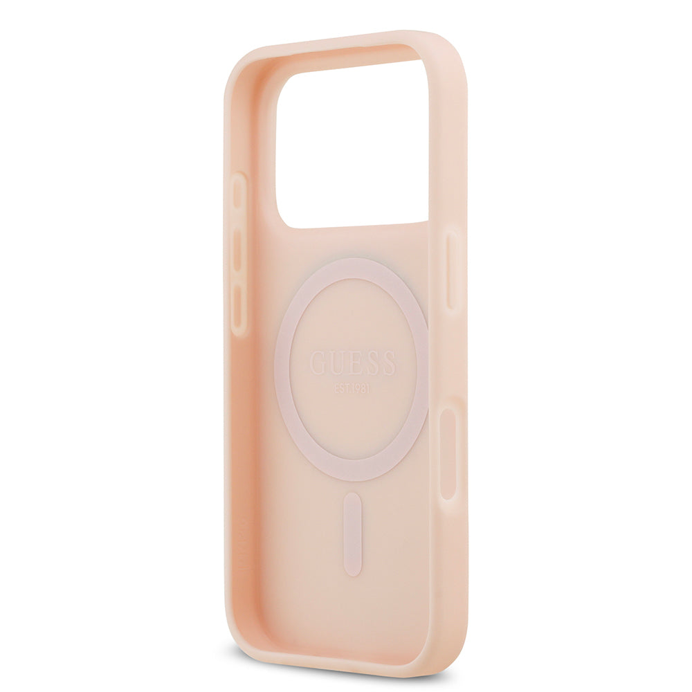 iPhone 17 Pro Max Kılıf Guess Orjinal Lisanslı M-safe Şarj Özellikli Taneli Çiçek Tasarımlı Metal Yazı Logolu Kapak