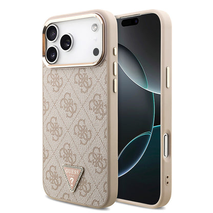 iPhone 17 Pro Max Kılıf Guess Orjinal Lisanslı M-safe Şarj Özellikli Taşlı Üçgen Logo 4G Desenli Kapak