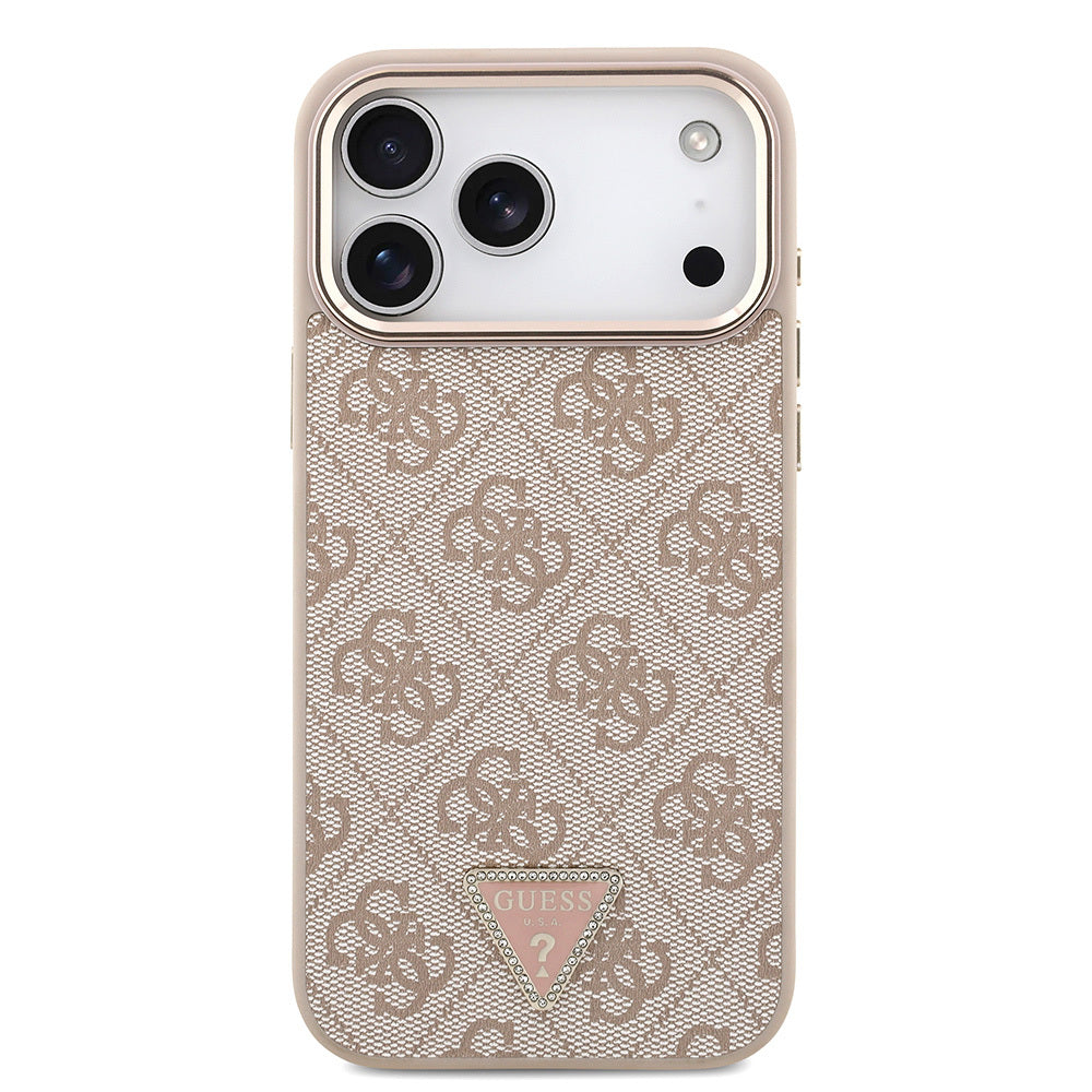 iPhone 17 Pro Max Kılıf Guess Orjinal Lisanslı M-safe Şarj Özellikli Taşlı Üçgen Logo 4G Desenli Kapak