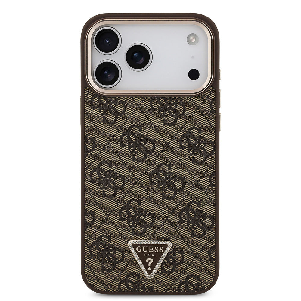 iPhone 17 Pro Max Kılıf Guess Orjinal Lisanslı M-safe Şarj Özellikli Taşlı Üçgen Logo 4G Desenli Kapak