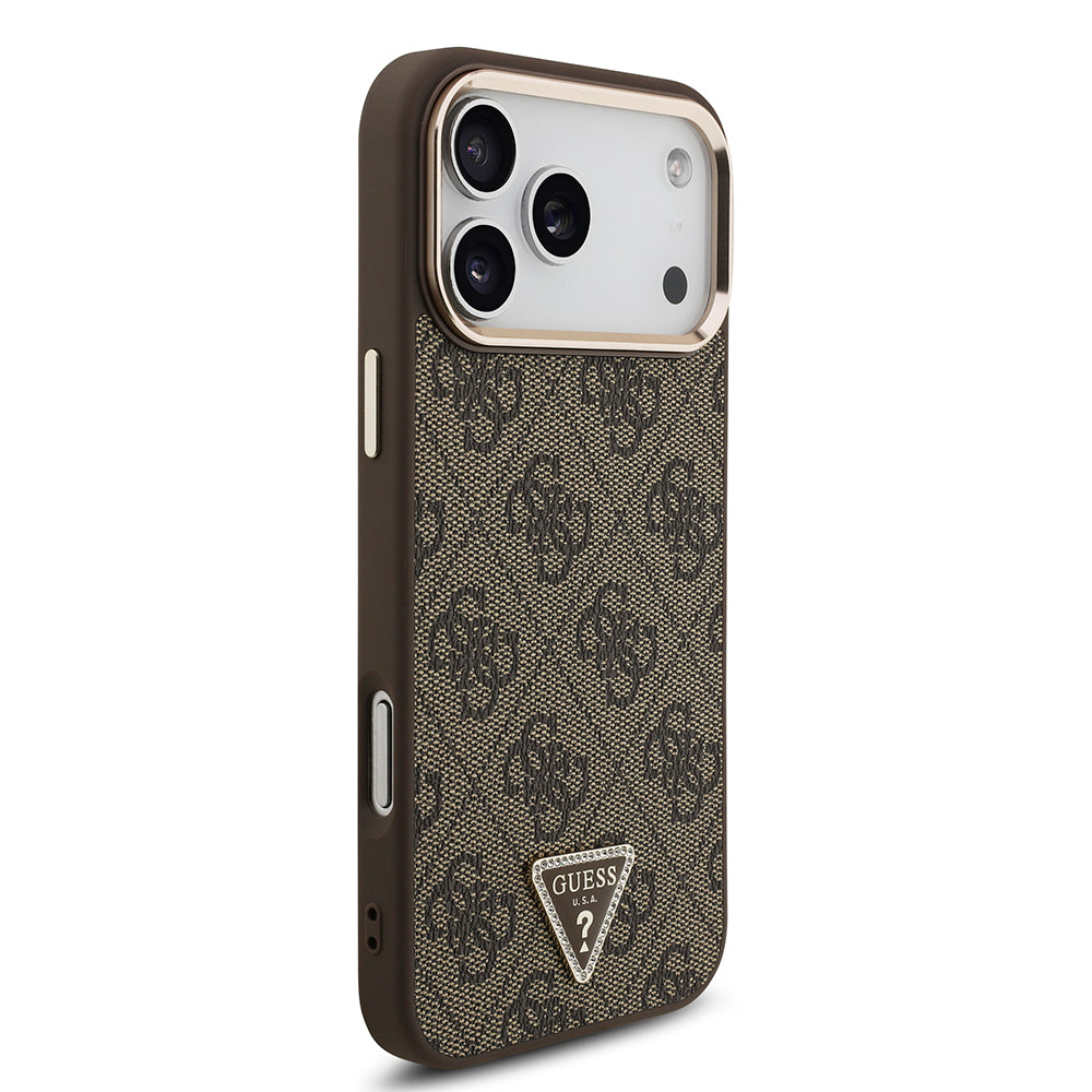 iPhone 17 Pro Max Kılıf Guess Orjinal Lisanslı M-safe Şarj Özellikli Taşlı Üçgen Logo 4G Desenli Kapak