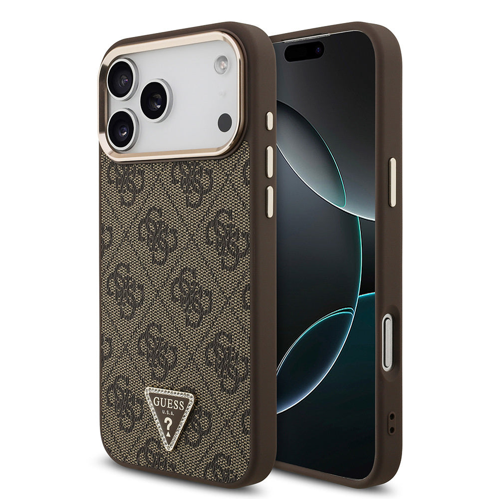 iPhone 17 Pro Max Kılıf Guess Orjinal Lisanslı M-safe Şarj Özellikli Taşlı Üçgen Logo 4G Desenli Kapak