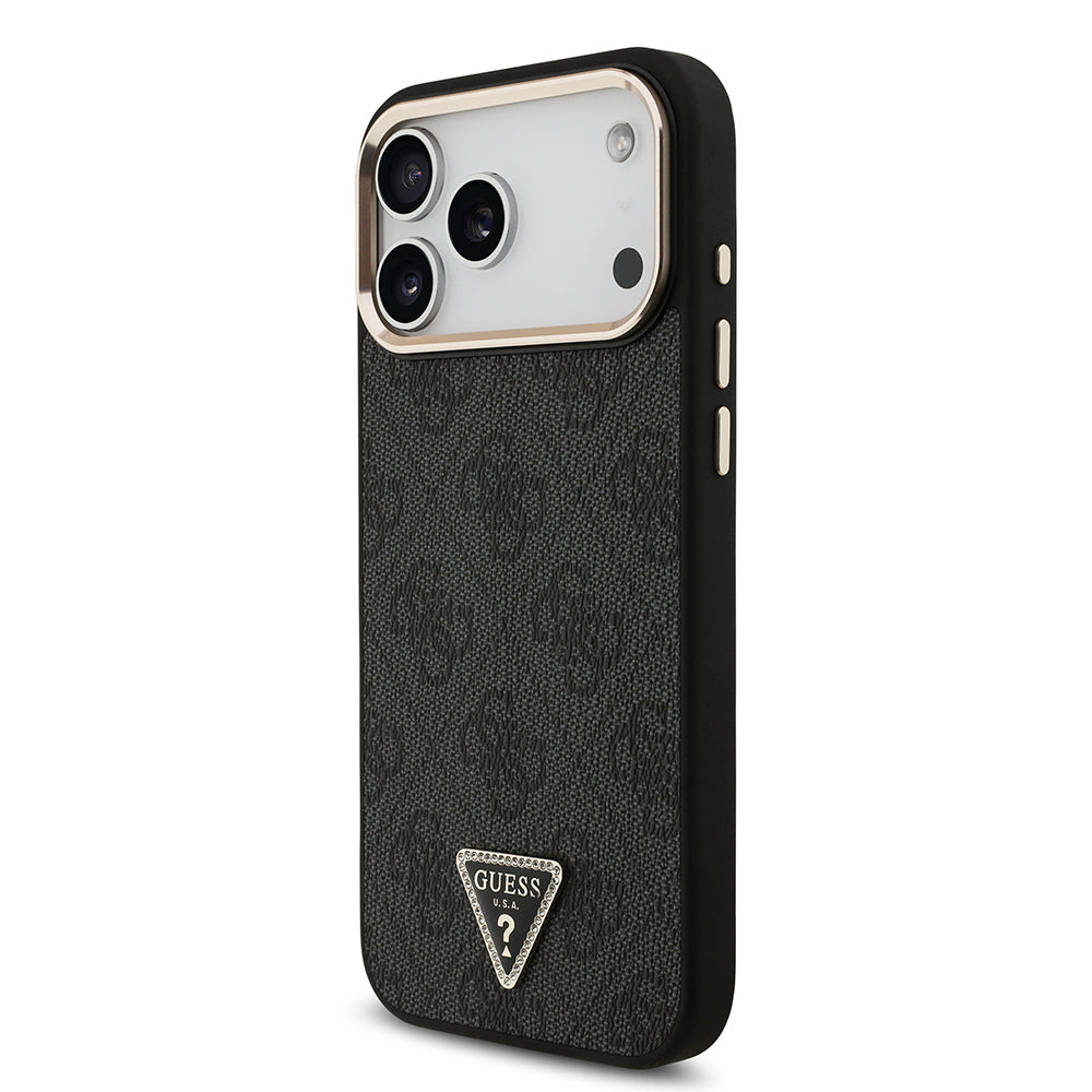 iPhone 17 Pro Max Kılıf Guess Orjinal Lisanslı M-safe Şarj Özellikli Taşlı Üçgen Logo 4G Desenli Kapak
