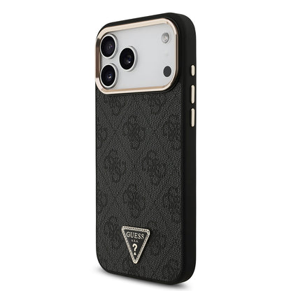 iPhone 17 Pro Max Kılıf Guess Orjinal Lisanslı M-safe Şarj Özellikli Taşlı Üçgen Logo 4G Desenli Kapak