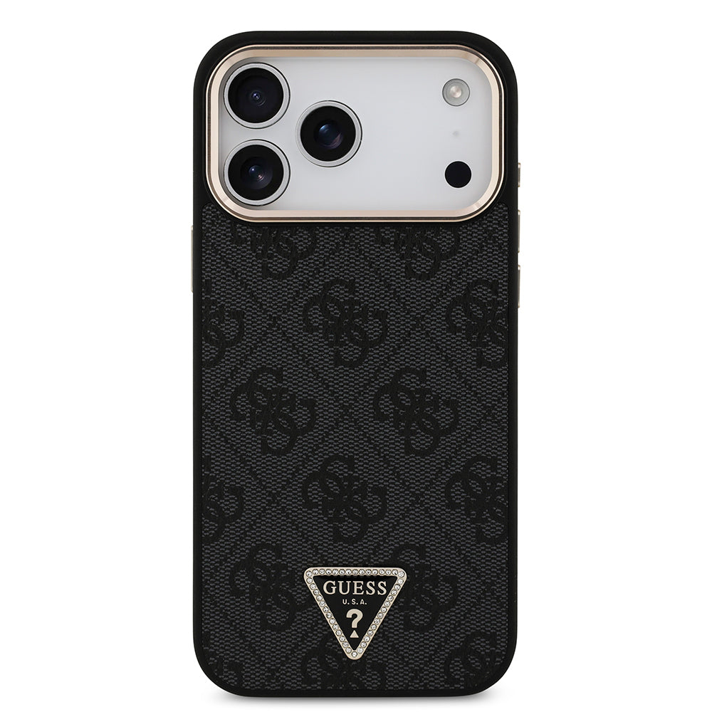 iPhone 17 Pro Max Kılıf Guess Orjinal Lisanslı M-safe Şarj Özellikli Taşlı Üçgen Logo 4G Desenli Kapak