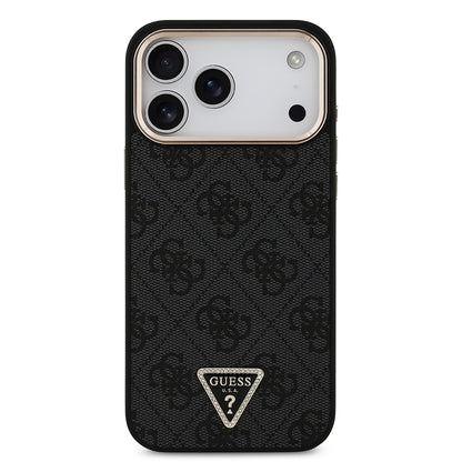 iPhone 17 Pro Max Kılıf Guess Orjinal Lisanslı M-safe Şarj Özellikli Taşlı Üçgen Logo 4G Desenli Kapak