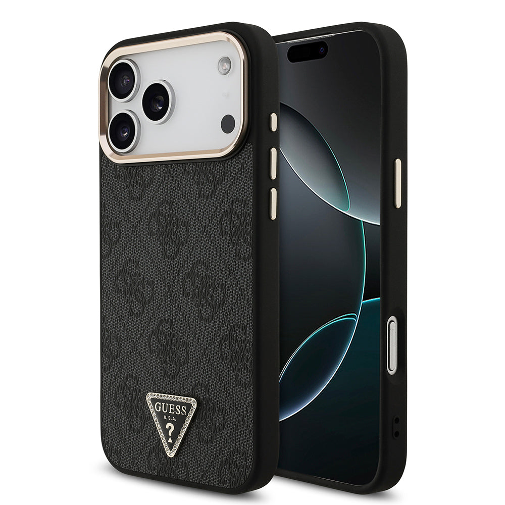 iPhone 17 Pro Max Kılıf Guess Orjinal Lisanslı M-safe Şarj Özellikli Taşlı Üçgen Logo 4G Desenli Kapak