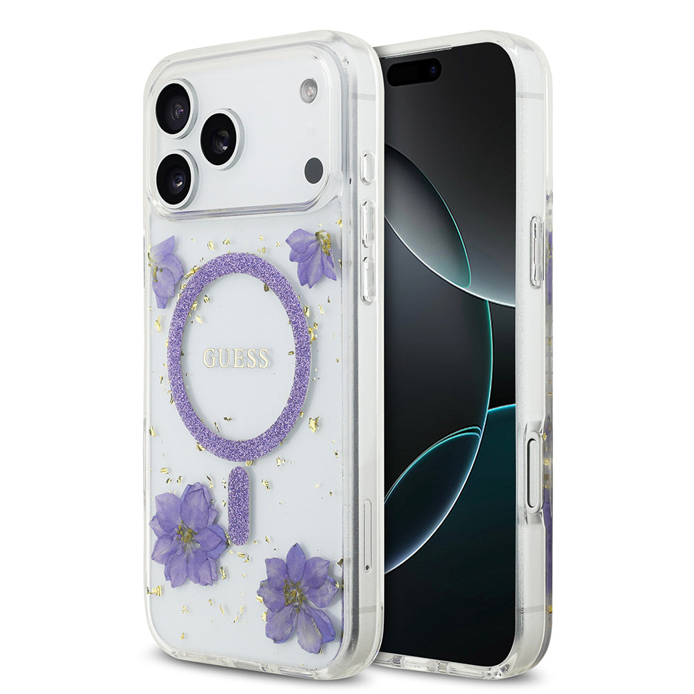 iPhone 17 Pro Max Kılıf Guess Orjinal Lisanslı M-safe Şarj Özellikli Transparan Resin Flowers Kapak