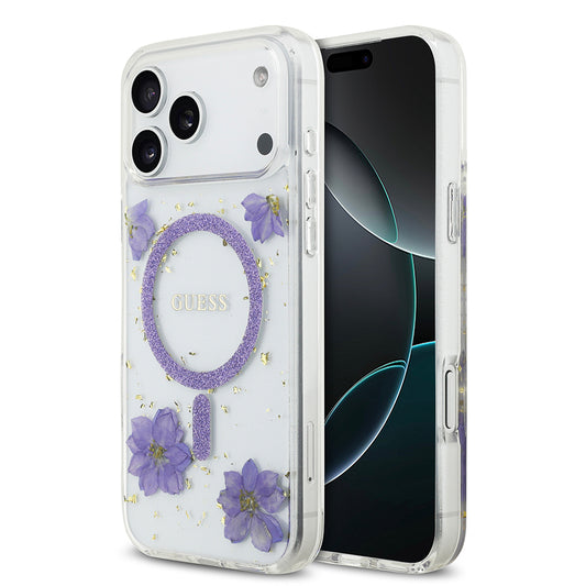 iPhone 17 Pro Max Kılıf Guess Orjinal Lisanslı M-safe Şarj Özellikli Transparan Resin Flowers Kapak