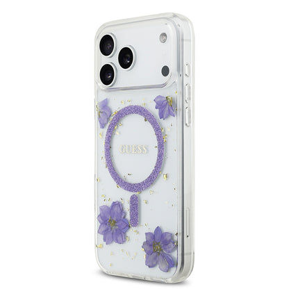 iPhone 17 Pro Max Kılıf Guess Orjinal Lisanslı M-safe Şarj Özellikli Transparan Resin Flowers Kapak