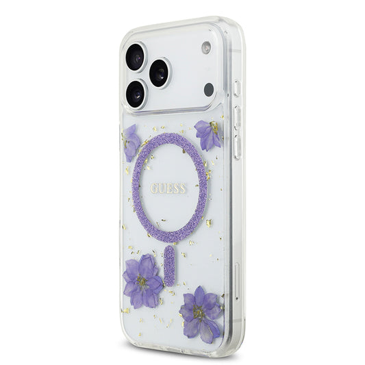 iPhone 17 Pro Max Kılıf Guess Orjinal Lisanslı M-safe Şarj Özellikli Transparan Resin Flowers Kapak