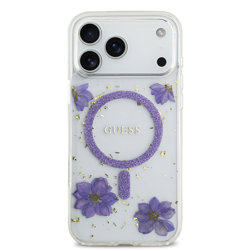 iPhone 17 Pro Max Kılıf Guess Orjinal Lisanslı M-safe Şarj Özellikli Transparan Resin Flowers Kapak
