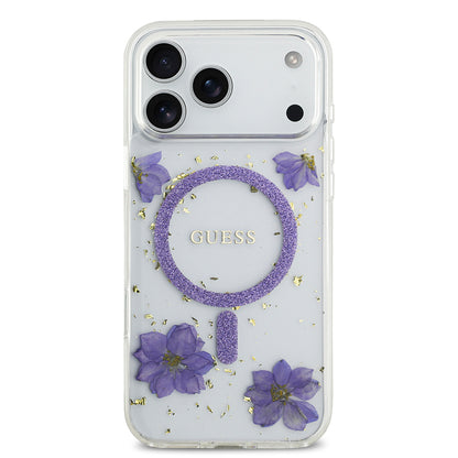 iPhone 17 Pro Max Kılıf Guess Orjinal Lisanslı M-safe Şarj Özellikli Transparan Resin Flowers Kapak