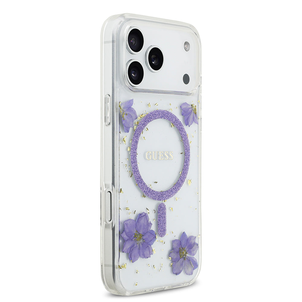 iPhone 17 Pro Max Kılıf Guess Orjinal Lisanslı M-safe Şarj Özellikli Transparan Resin Flowers Kapak