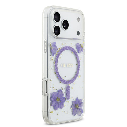 iPhone 17 Pro Max Kılıf Guess Orjinal Lisanslı M-safe Şarj Özellikli Transparan Resin Flowers Kapak