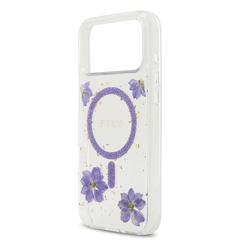 iPhone 17 Pro Max Kılıf Guess Orjinal Lisanslı M-safe Şarj Özellikli Transparan Resin Flowers Kapak