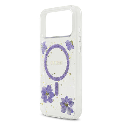 iPhone 17 Pro Max Kılıf Guess Orjinal Lisanslı M-safe Şarj Özellikli Transparan Resin Flowers Kapak