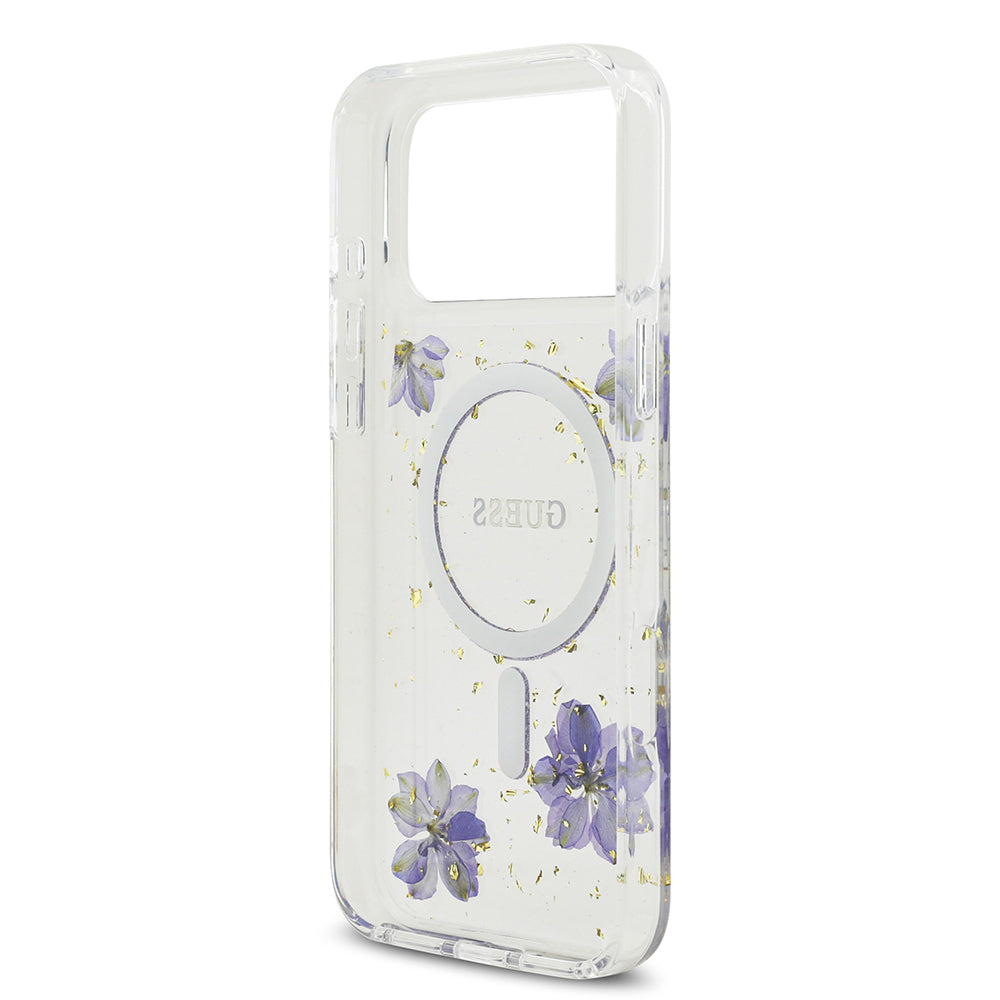 iPhone 17 Pro Max Kılıf Guess Orjinal Lisanslı M-safe Şarj Özellikli Transparan Resin Flowers Kapak