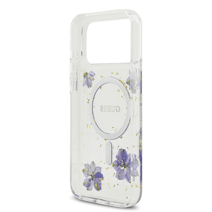 iPhone 17 Pro Max Kılıf Guess Orjinal Lisanslı M-safe Şarj Özellikli Transparan Resin Flowers Kapak