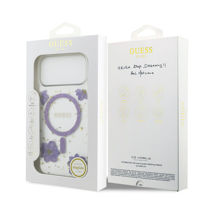 iPhone 17 Pro Max Kılıf Guess Orjinal Lisanslı M-safe Şarj Özellikli Transparan Resin Flowers Kapak