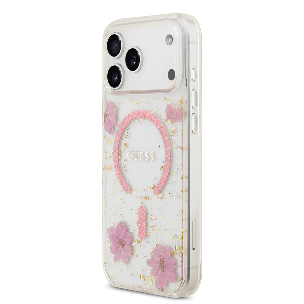 iPhone 17 Pro Max Kılıf Guess Orjinal Lisanslı M-safe Şarj Özellikli Transparan Resin Flowers Kapak
