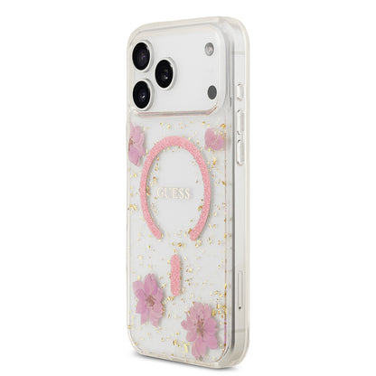 iPhone 17 Pro Max Kılıf Guess Orjinal Lisanslı M-safe Şarj Özellikli Transparan Resin Flowers Kapak