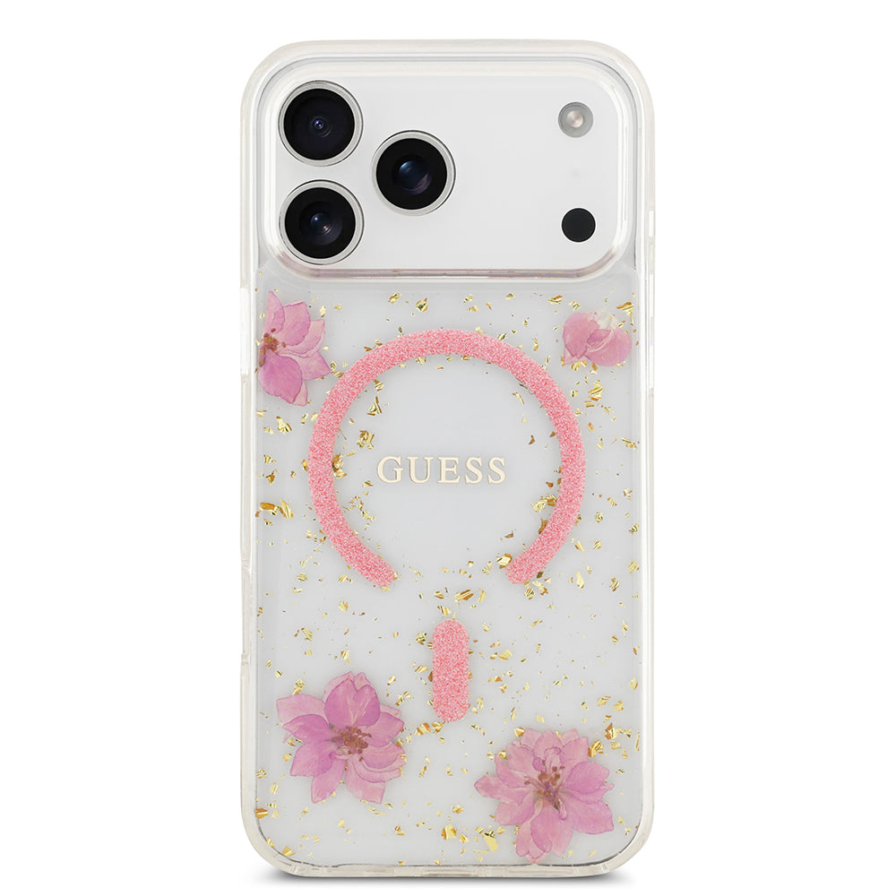 iPhone 17 Pro Max Kılıf Guess Orjinal Lisanslı M-safe Şarj Özellikli Transparan Resin Flowers Kapak